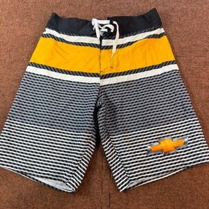 Chevrolet GM Mens Striped Board Shorts Yellow Black White Chevy Bowtie Size S